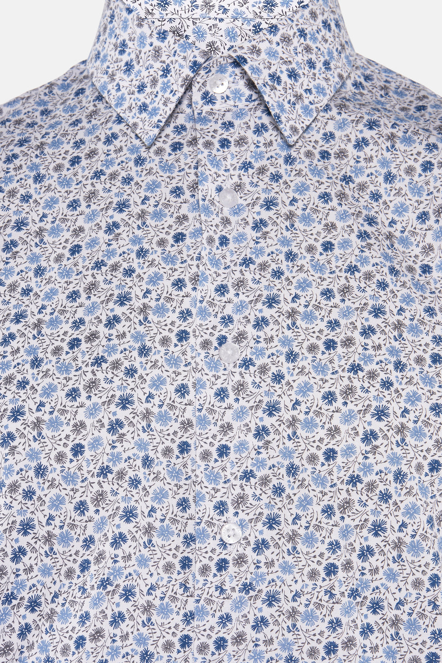 Chemise à manches longues bleue de PRIVATE BLUE, imprimé floral sur l'ensemble, boutonnée.