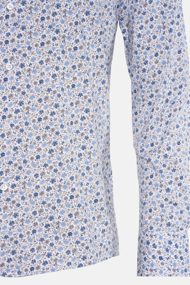 Blauw overhemd met lange mouwen van PRIVATE BLUE, blauwe en grijze bloemenprint, zijaanzicht.