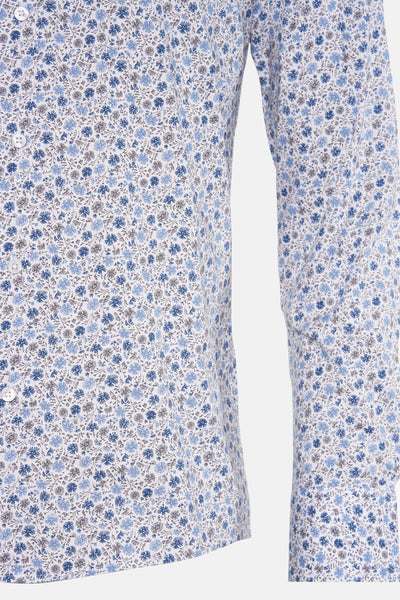 Chemise à manches longues bleue de PRIVATE BLUE, imprimé floral bleu et gris, vue de côté.