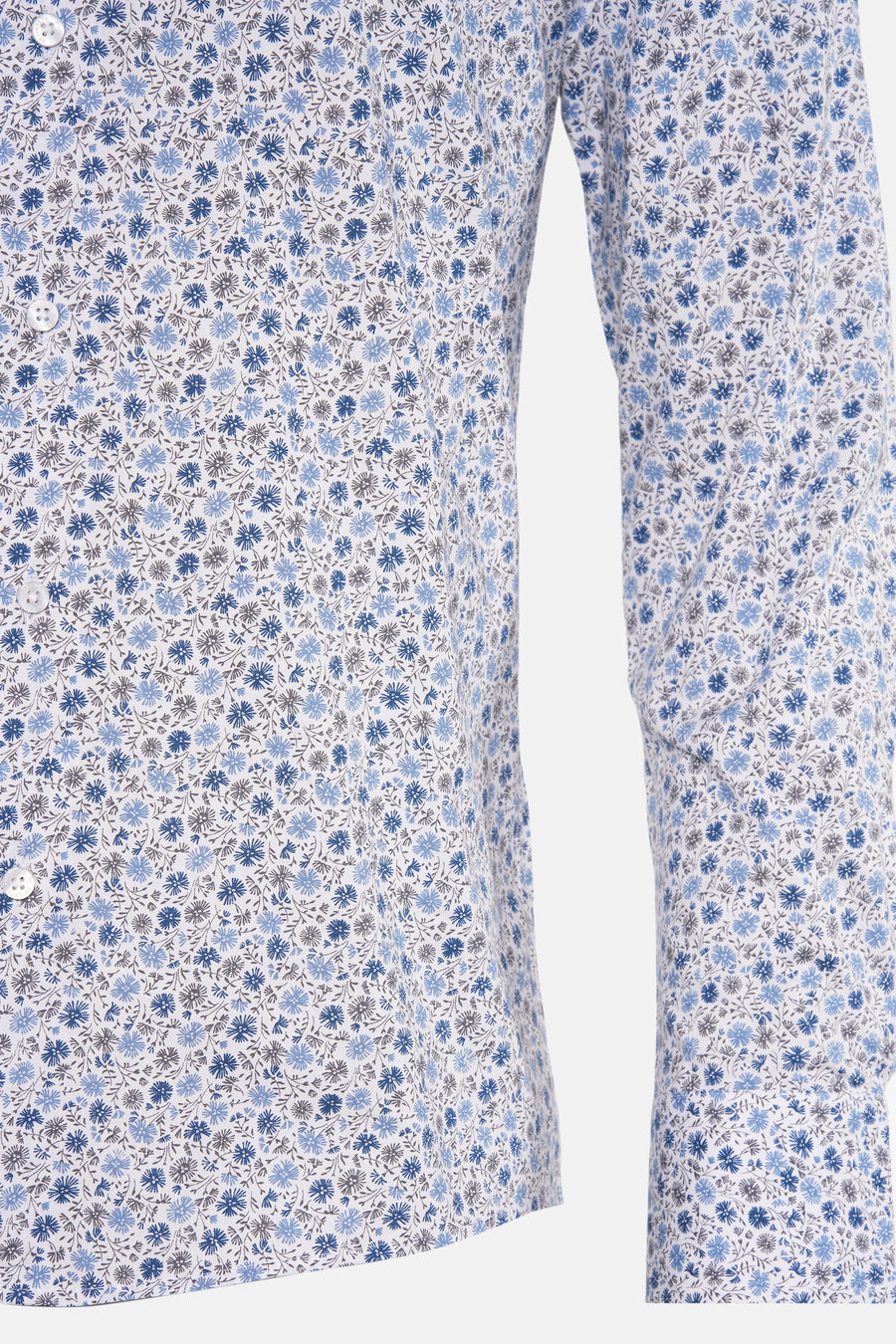 Blauw overhemd met lange mouwen van PRIVATE BLUE, blauwe en grijze bloemenprint, zijaanzicht.
