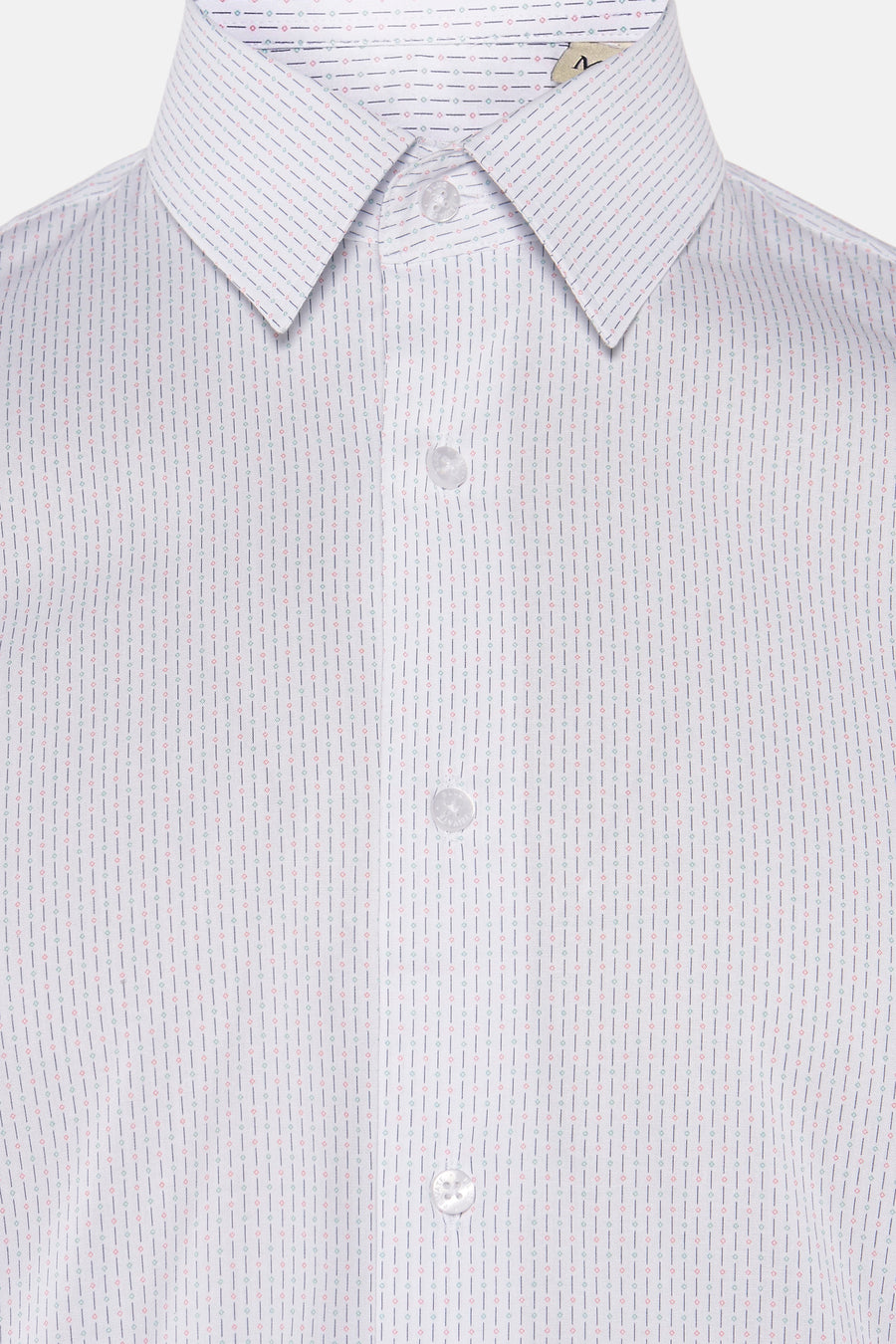 Chemise à manches longues multicolore de PRIVATE BLUE, à motifs vert, rose et lignes verticales marine, avec boutons blancs.