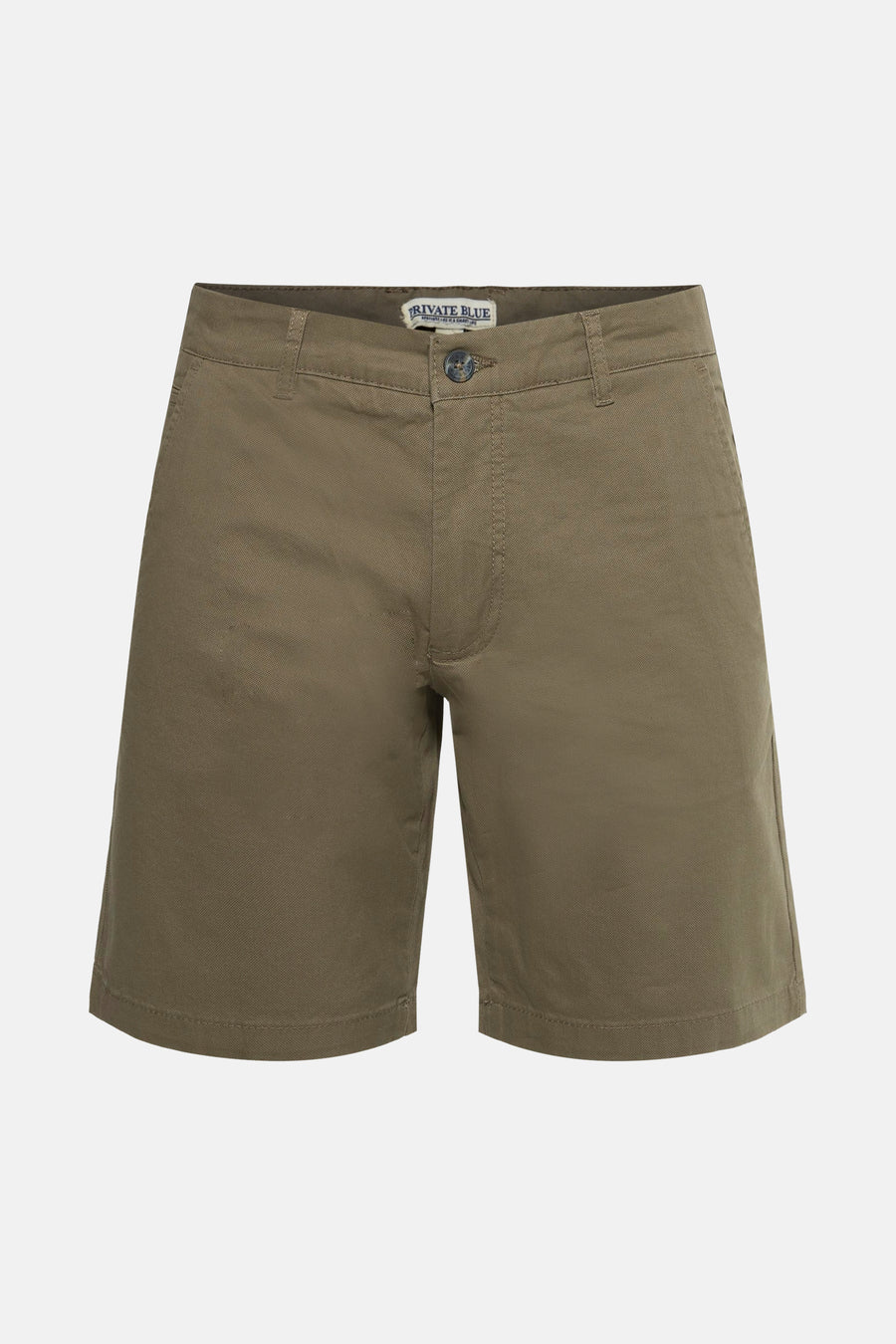 Short kaki de PRIVATE BLUE, avec une braguette boutonnée et des passants de ceinture.