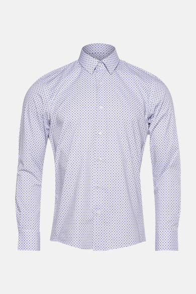 Chemise à manches longues bleue de PRIVATE BLUE, motif géométrique, manches longues boutonnées sur fond uni.
