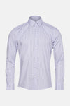 Chemise à manches longues bleue de PRIVATE BLUE, motif géométrique, manches longues boutonnées sur fond uni.
