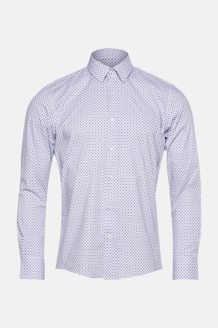 Blauw overhemd met lange mouwen van PRIVATE BLUE, geometrisch patroon, lange mouwen met knopen op een effen achtergrond.