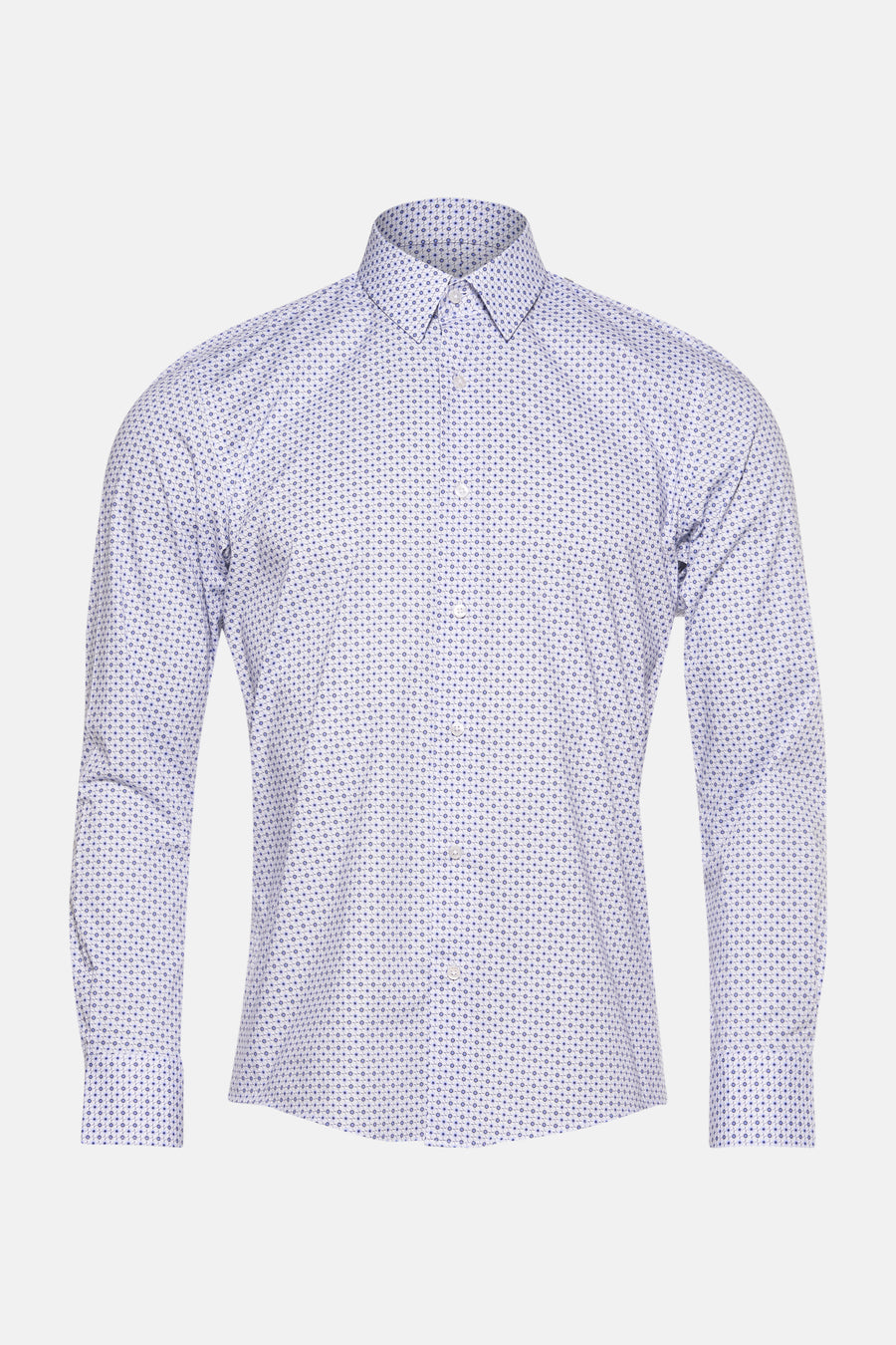 Chemise à manches longues bleue de PRIVATE BLUE, motif géométrique, manches longues boutonnées sur fond uni.
