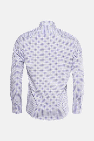 Chemise à manches longues bleue de PRIVATE BLUE, motif à pois sur fond blanc, vue de dos.