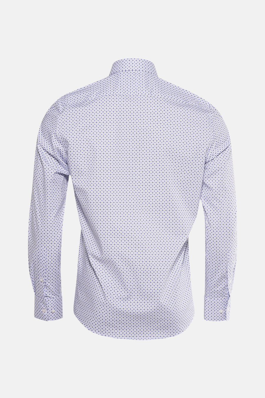 Chemise à manches longues bleue de PRIVATE BLUE, motif à pois sur fond blanc, vue de dos.