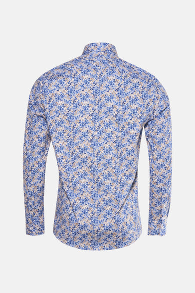 Chemise à manches longues bleue de PRIVATE BLUE, imprimé floral sur l'ensemble, vue de dos.