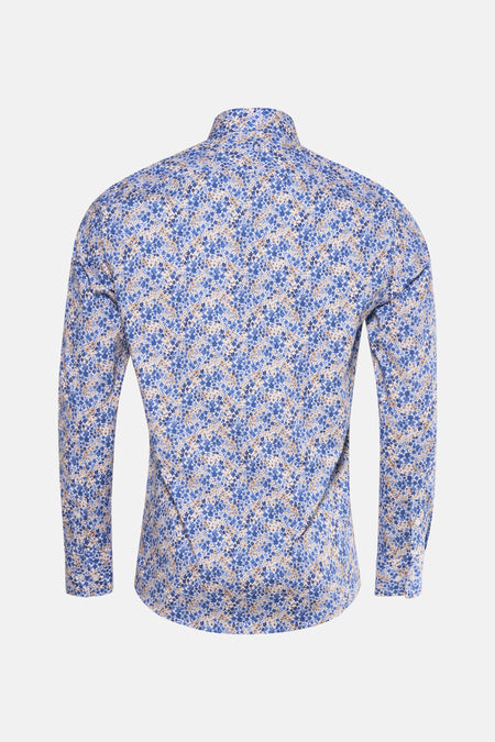 Blauw overhemd met lange mouwen van PRIVATE BLUE, all-over bloemenprint, achterzicht.