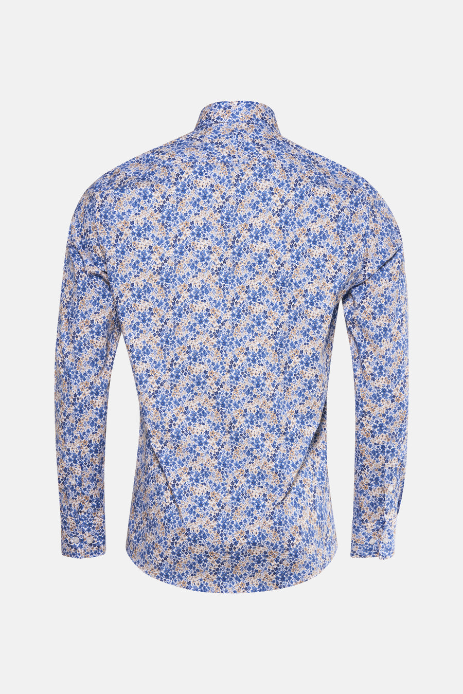 Chemise à manches longues bleue de PRIVATE BLUE, imprimé floral sur l'ensemble, vue de dos.