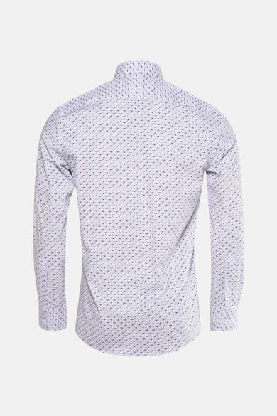 Chemise à manches longues bleue de PRIVATE BLUE, motif géométrique sur fond blanc, vue de dos.
