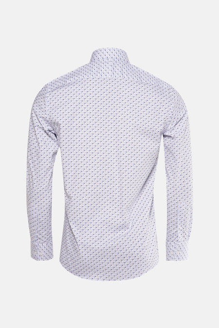 Blauw overhemd met lange mouwen van PRIVATE BLUE, geometrisch patroon op witte achtergrond, achterzijde.