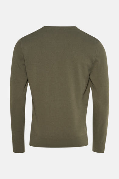 Khaki ronde hals trui van PRIVATE BLUE, achterzijde, in fijne, effen breiwerk.