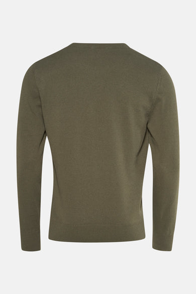 Pull à col rond kaki de PRIVATE BLUE, vue arrière, en maille fine et unie.