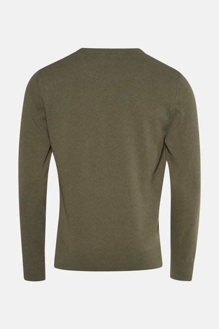 Khaki ronde hals trui van PRIVATE BLUE, achterzijde, in fijne, effen breiwerk.