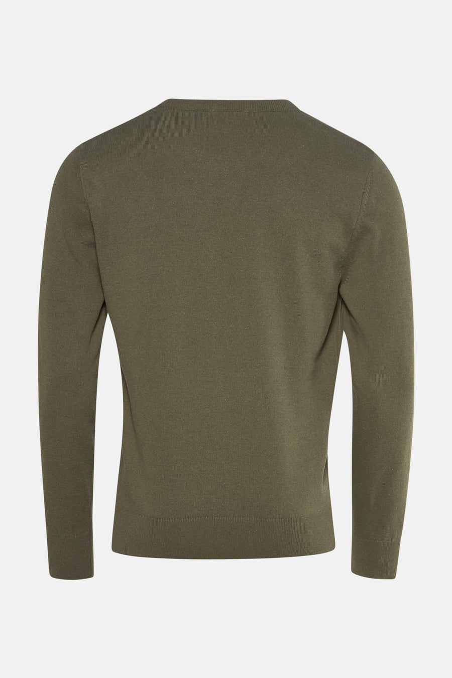Khaki ronde hals trui van PRIVATE BLUE, achterzijde, in fijne, effen breiwerk.