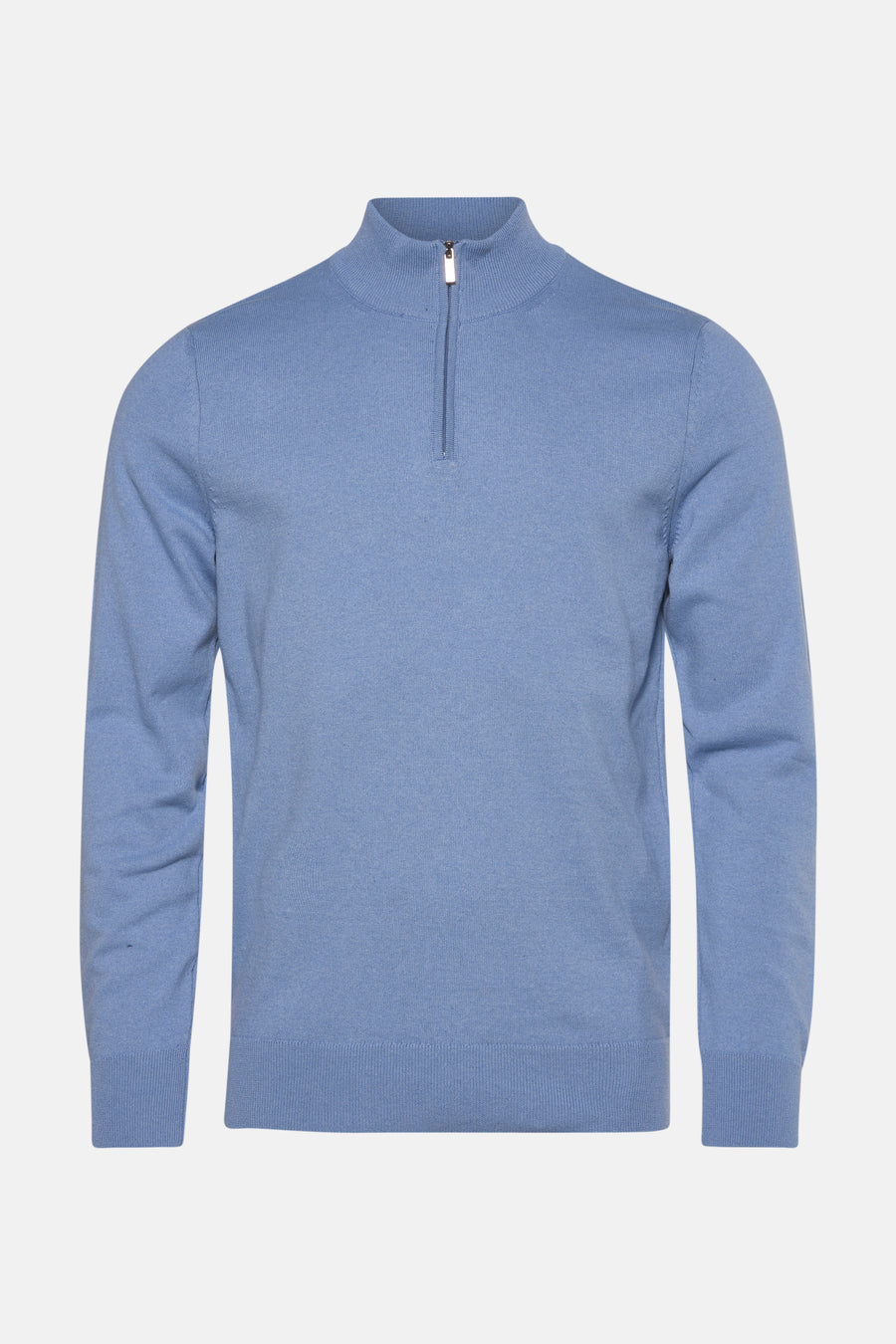 Lichtblauwe rondehals-trui van PRIVATE BLUE, met ritssluiting en geribbelde textuur.