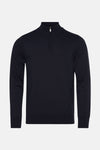 Pull à col rond bleu de PRIVATE BLUE avec fermeture éclair partielle sur fond uni.