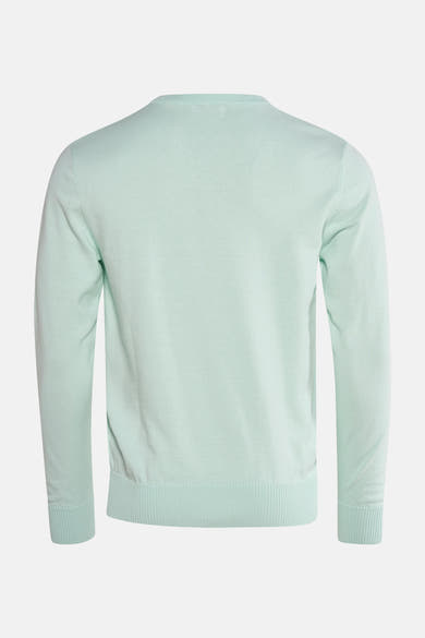 V-hals trui in groen van PRIVATE BLUE, achterkant, met ton-sur-ton geribbelde boorden.