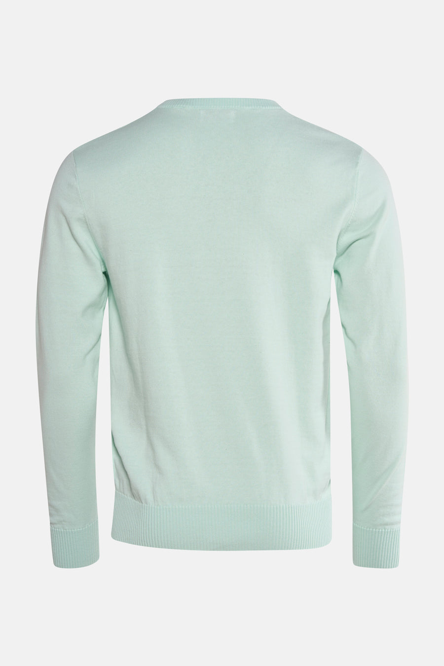 V-hals trui in groen van PRIVATE BLUE, achterkant, met ton-sur-ton geribbelde boorden.