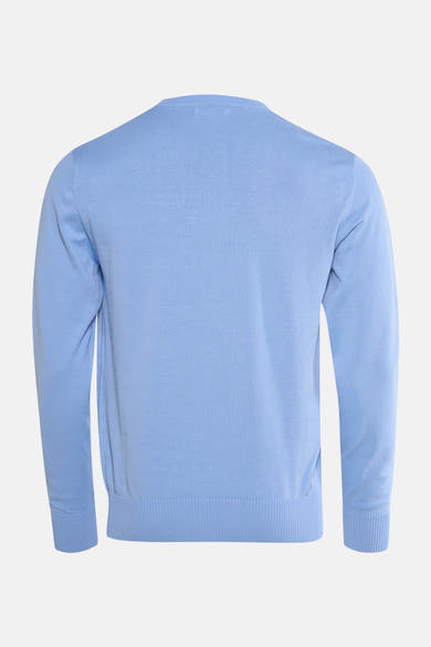 V-hals trui blauw van PRIVATE BLUE, in fijne breiwerk, met geribbelde afwerkingen.