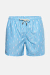 Turquoise zwembroek van PRIVATE BLUE, wit hagedispatroon, achterzak met merklogo.