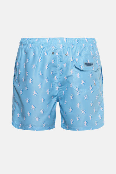 Turquoise zwembroek van PRIVATE BLUE, met wit hagedissenpatroon en achterzak met knoop.