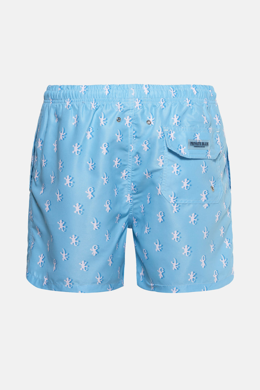 Turquoise zwembroek van PRIVATE BLUE, met wit hagedissenpatroon en achterzak met knoop.
