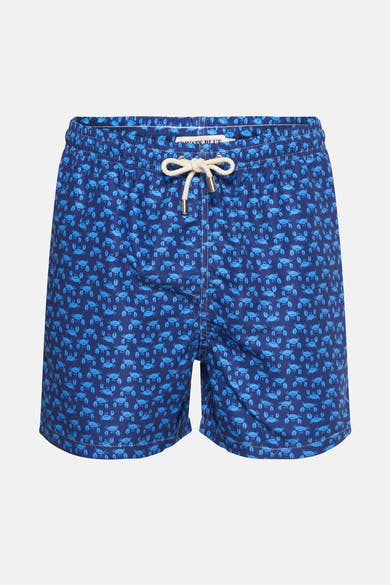 Blauwe zwembroek van PRIVATE BLUE, met een lichtblauw krabbenpatroon, opgestikte zak aan de zijkant.