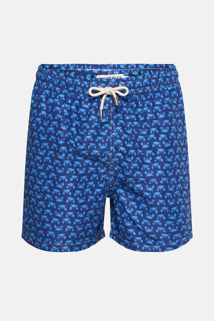 Blauwe zwembroek van PRIVATE BLUE, met een lichtblauw krabbenpatroon, opgestikte zak aan de zijkant.