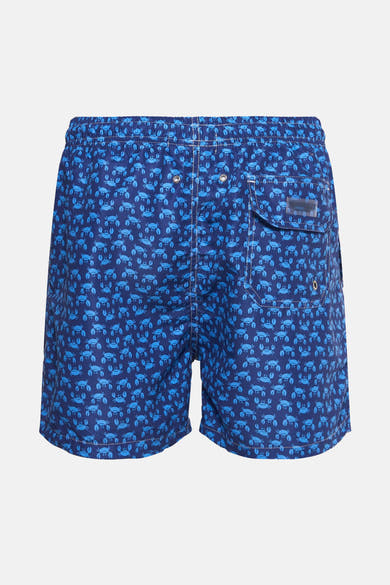 Blauwe zwembroek van PRIVATE BLUE, kreeftenprint, met klepzak.