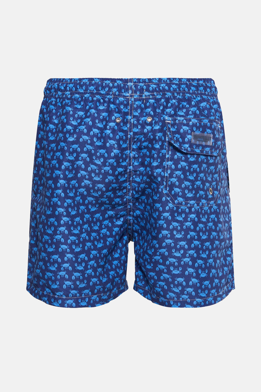 Blauwe zwembroek van PRIVATE BLUE, kreeftenprint, met klepzak.