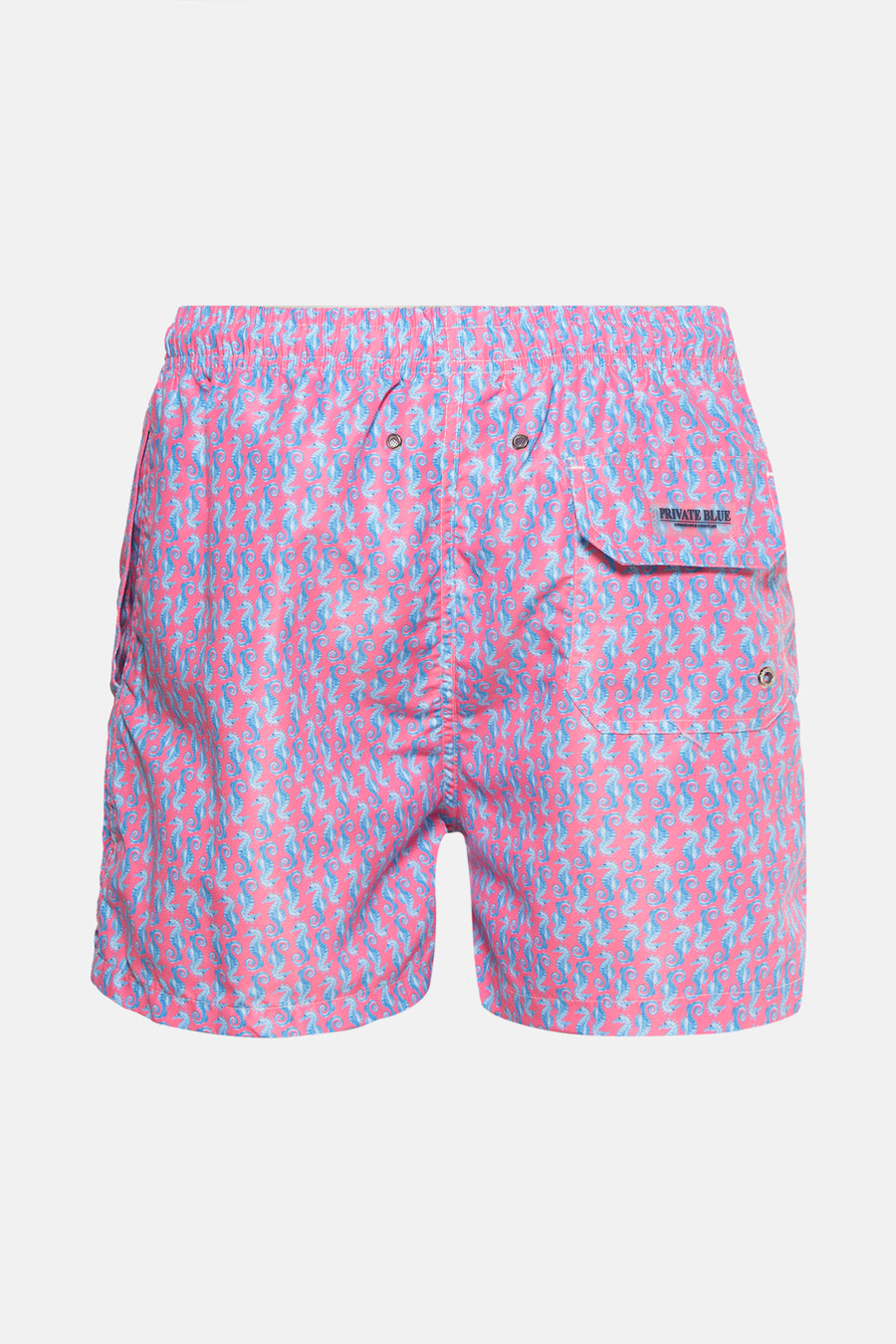 Short de bain multicolore de PRIVATE BLUE avec motif de créatures marines bleues sur fond rose.
