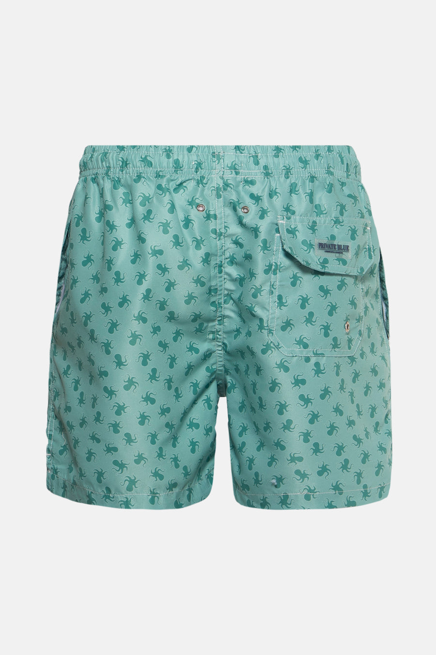 Groene zwembroek met octopusprint van Private Blue, met achterzak met knoop.