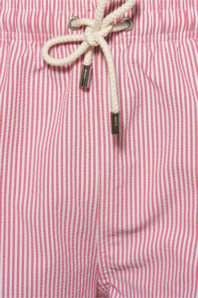 Short de bain rose rayé de PRIVATE BLUE, avec cordon de serrage à la taille.