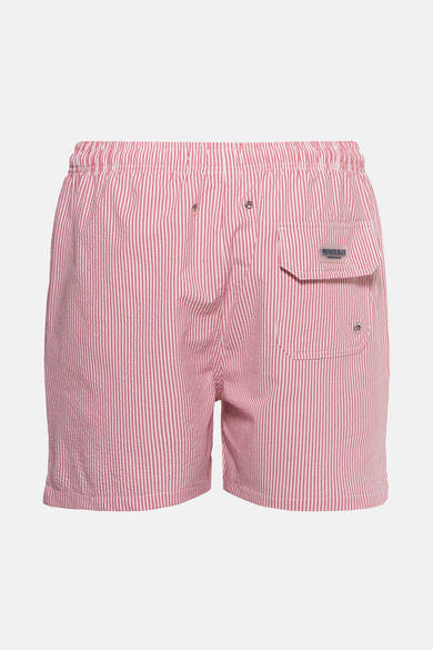 Roze gestreepte zwembroek van PRIVATE BLUE, met klepzak op het rechterbeen.