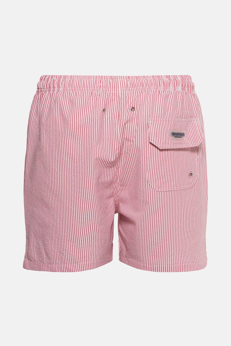 Roze gestreepte zwembroek van PRIVATE BLUE, met klepzak op het rechterbeen.