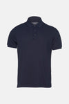 Donkerblauw poloshirt met korte mouwen van PRIVATE BLUE, achteraanzicht op lichte achtergrond.