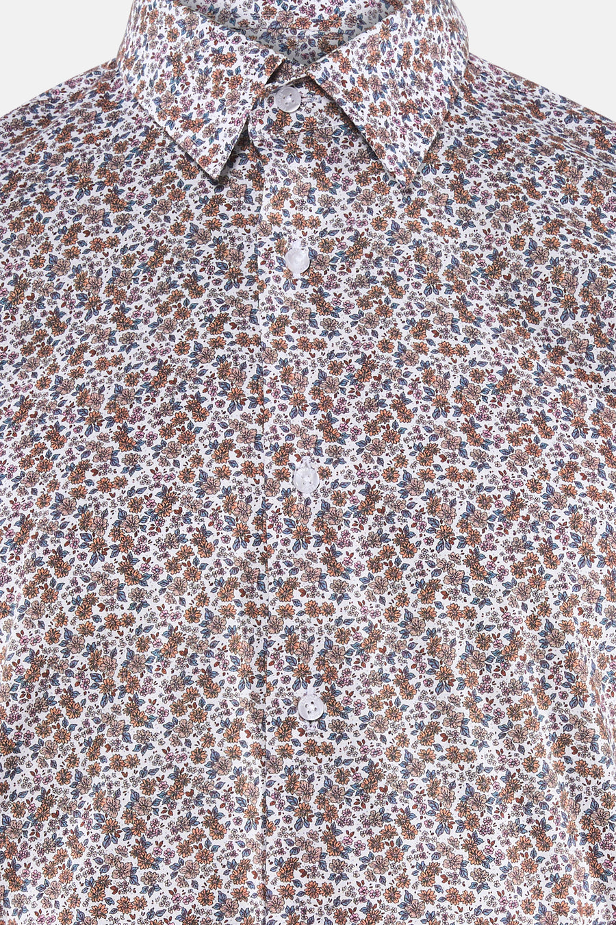 Chemise à manches longues multicolore de PRIVATE BLUE, à motif floral sur fond blanc, avec boutons apparents.