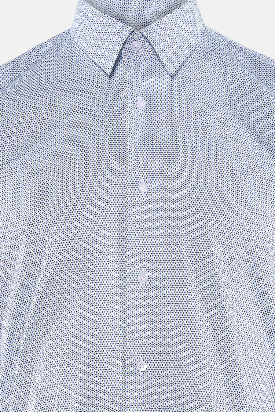 Chemise à manches longues bleue de PRIVATE BLUE avec un motif géométrique à hexagones et des boutons blancs.