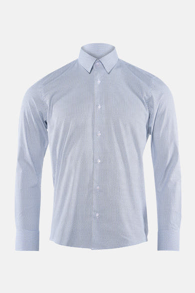 Chemise à manches longues bleue de PRIVATE BLUE avec motif géométrique et boutons blancs.