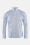 Chemise à manches longues bleue de PRIVATE BLUE avec motif géométrique et boutons blancs.