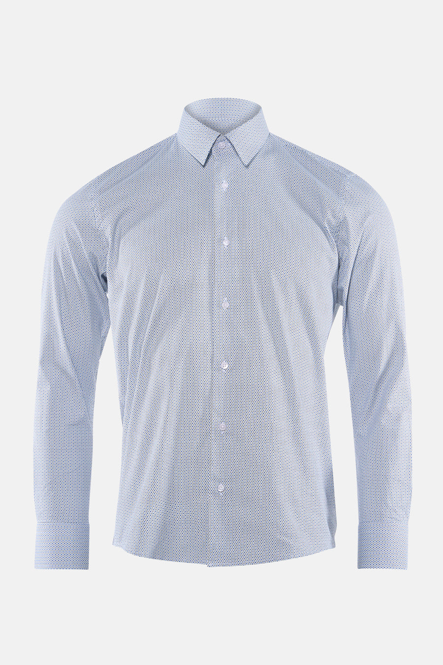 Chemise à manches longues bleue de PRIVATE BLUE avec motif géométrique et boutons blancs.