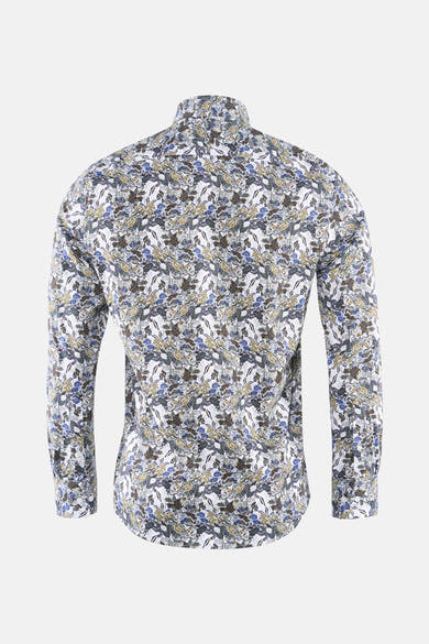 Chemise à manches longues multicolore de PRIVATE BLUE, avec un motif floral complexe sur fond blanc.