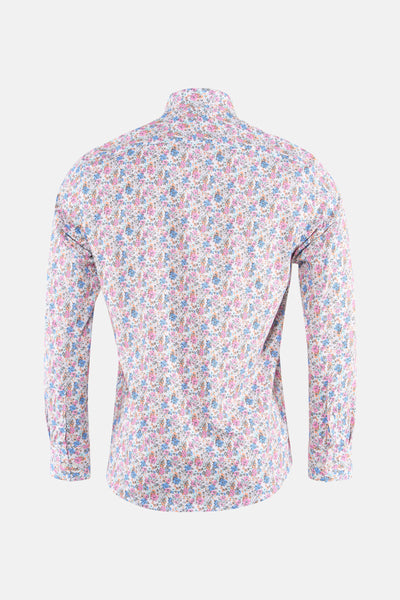 Multikleuren overhemd met lange mouwen van PRIVATE BLUE, bloemenpatroon op witte achtergrond, achterzijde.