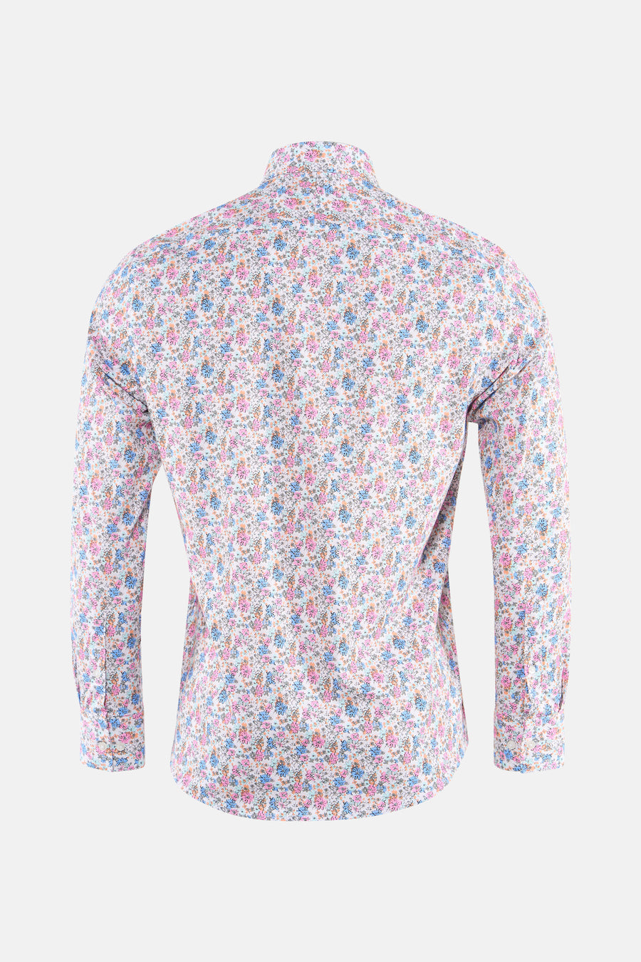 Chemise à manches longues multicolore de PRIVATE BLUE, motif floral sur fond blanc, vue de dos.
