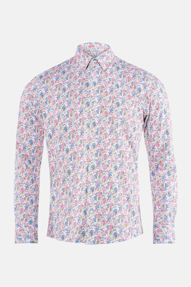 Multikleuren overhemd met lange mouwen van PRIVATE BLUE, met bloemenpatroon op een witte achtergrond.