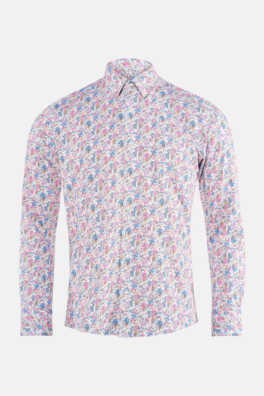 Chemise à manches longues multicolore de PRIVATE BLUE, à motif fleuri sur fond blanc.