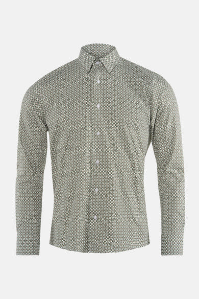 Chemise à manches longues verte de PRIVATE BLUE, imprimé fleuri sur fond blanc, boutons blancs.
